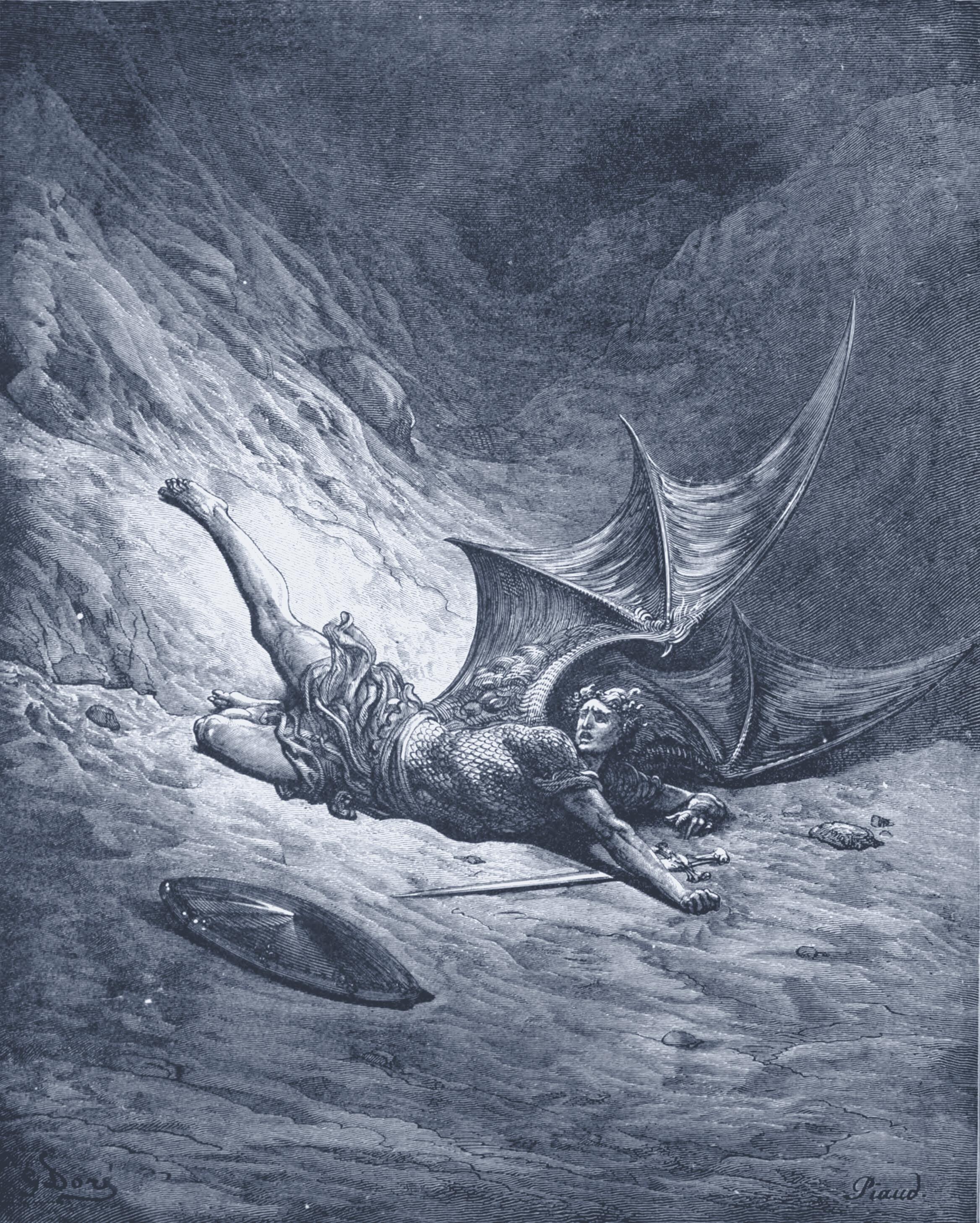 Gustave Doré engraving of Satan in torment — something gone badly wrong, caught mid-fall